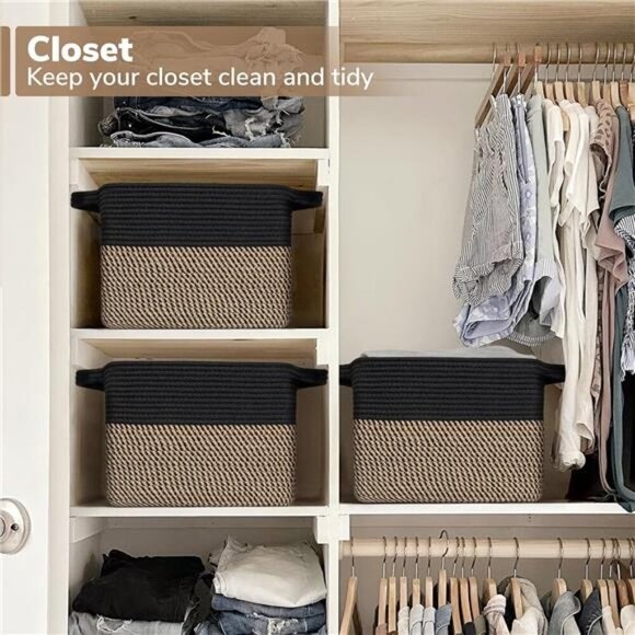 Woven Storage Bins Set of 2 Cotton Rope Cube Organizer for Closet Shelf 13x10 - Picture 6 of 8